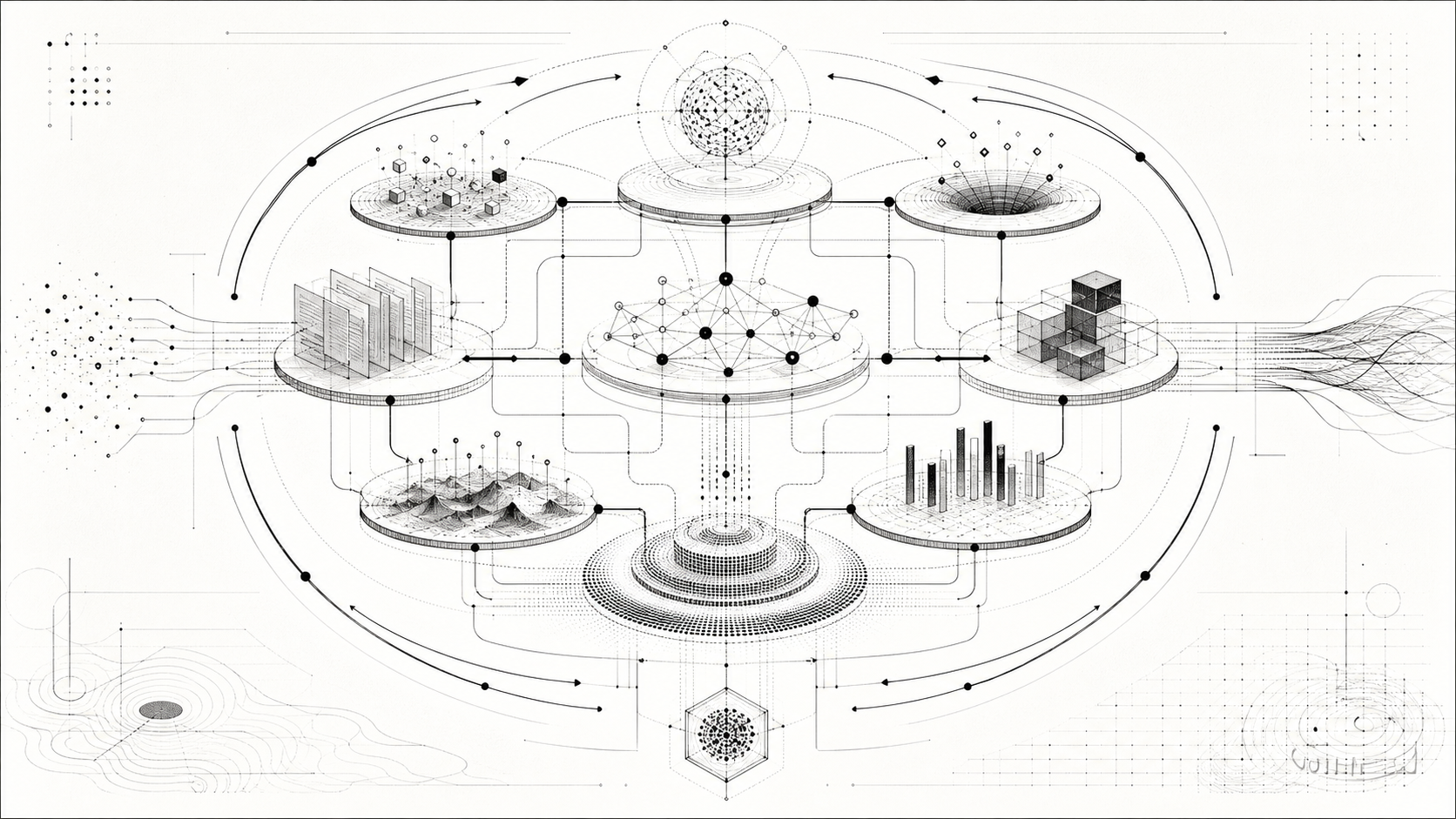 Abstract monochrome system map of persistent AI infrastructure as a recursive co-design loop.