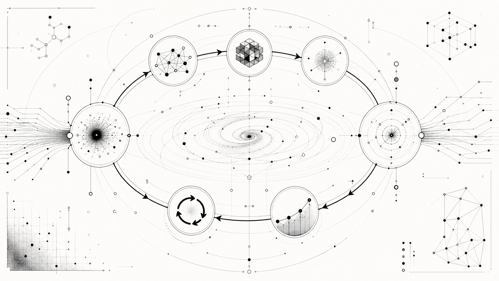 Abstract monochrome loop of recursive learning signals, evaluation, rollback, and promotion.
